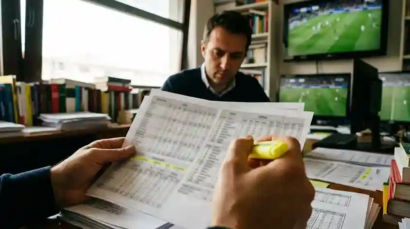 Analista sportivo che studia statistiche di calcio su fogli stampati prima di una partita