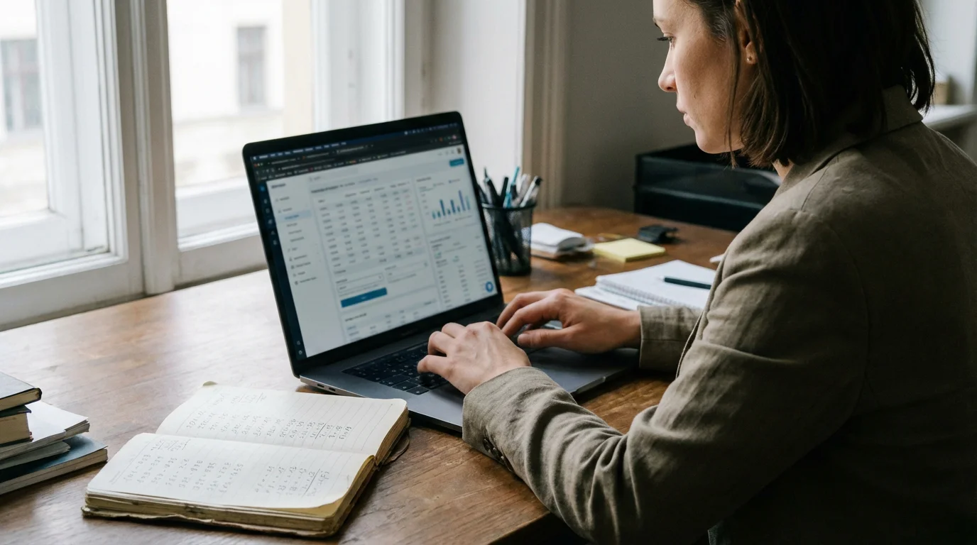Persona che usa un laptop per calcolare le combinazioni di un sistema di scommesse sportive