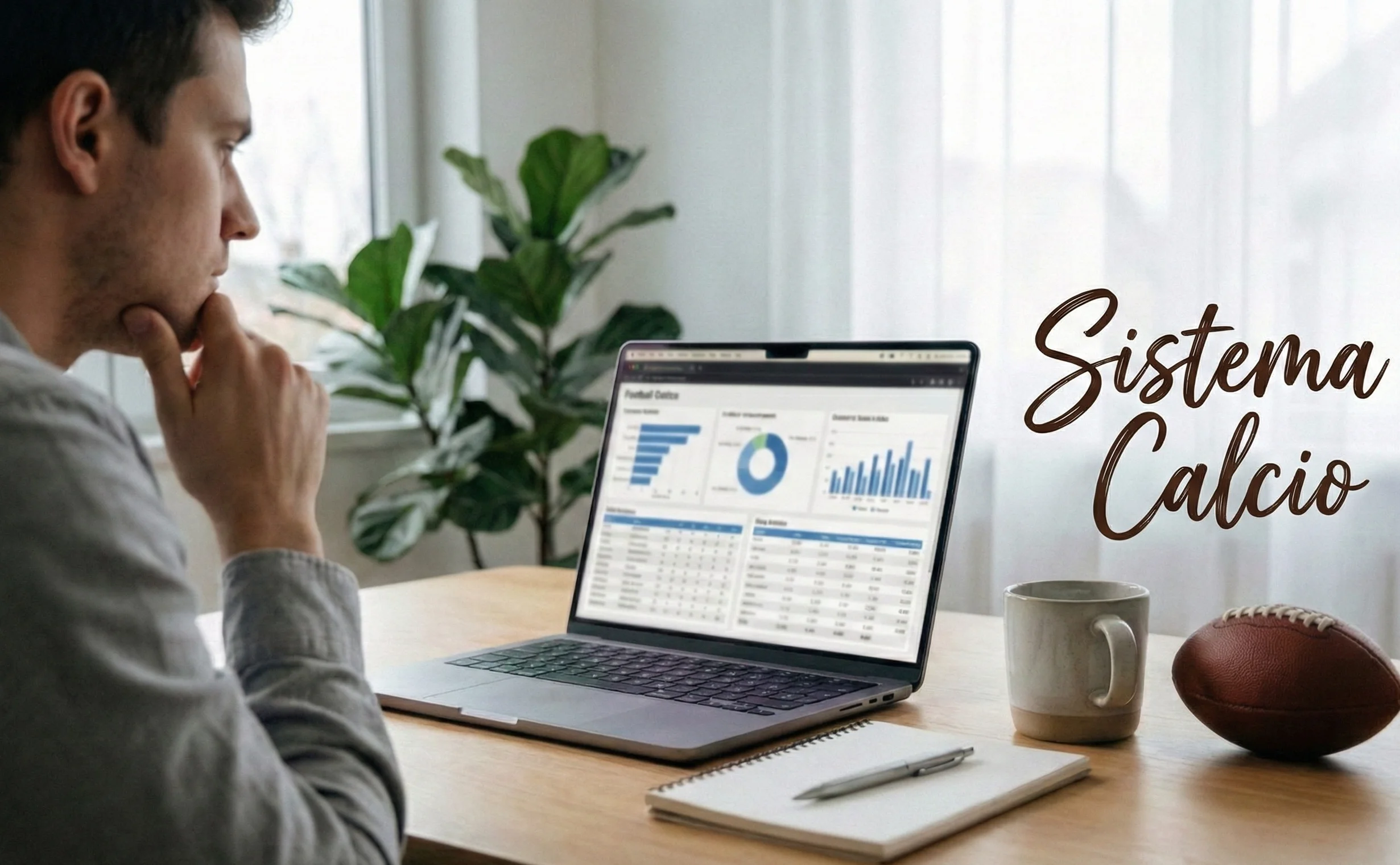Persona che analizza statistiche di calcio su un notebook