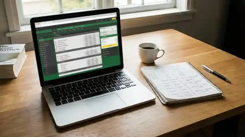 Scrivania con laptop aperto su un sito di scommesse sportive e appunti di confronto tra piattaforme