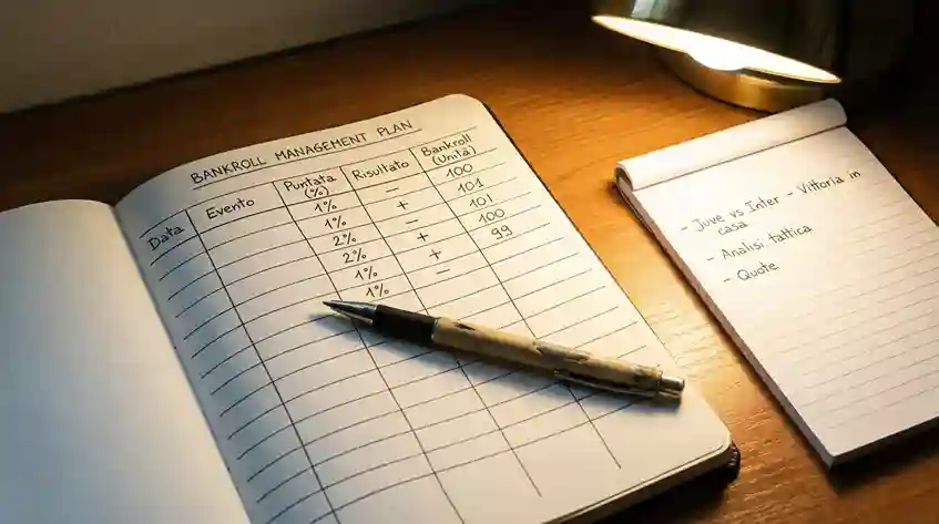 Quaderno con tabella di gestione bankroll e una penna accanto a un blocco di appunti sportivi