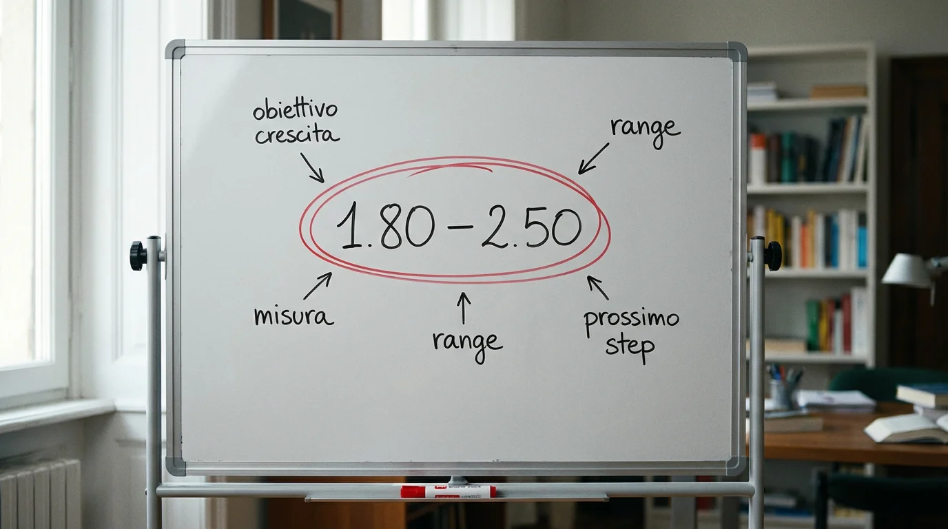 Lavagna con intervallo numerico evidenziato tra 1.80 e 2.50 con frecce e annotazioni