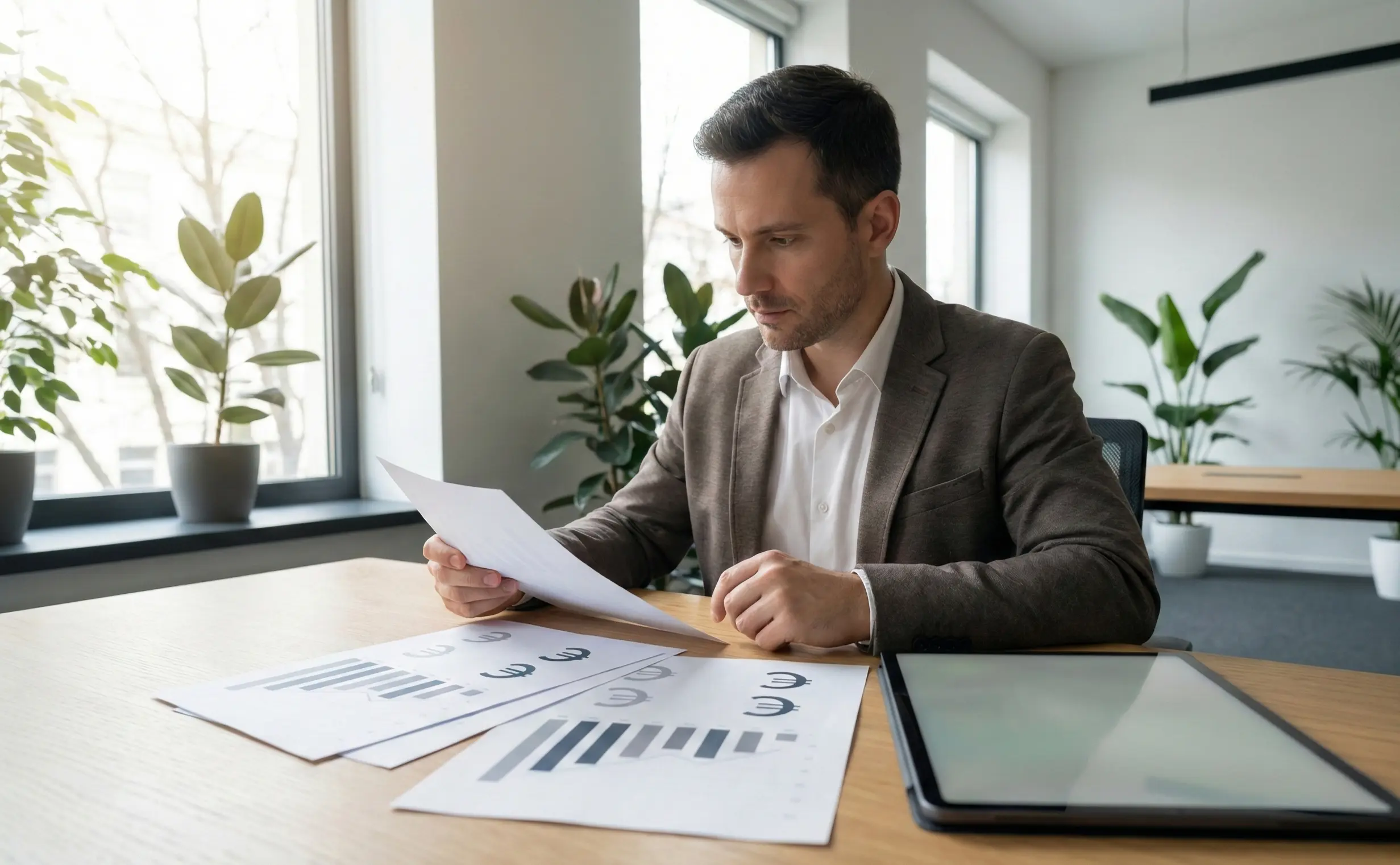 Professionista analizza report finanziari con simboli euro