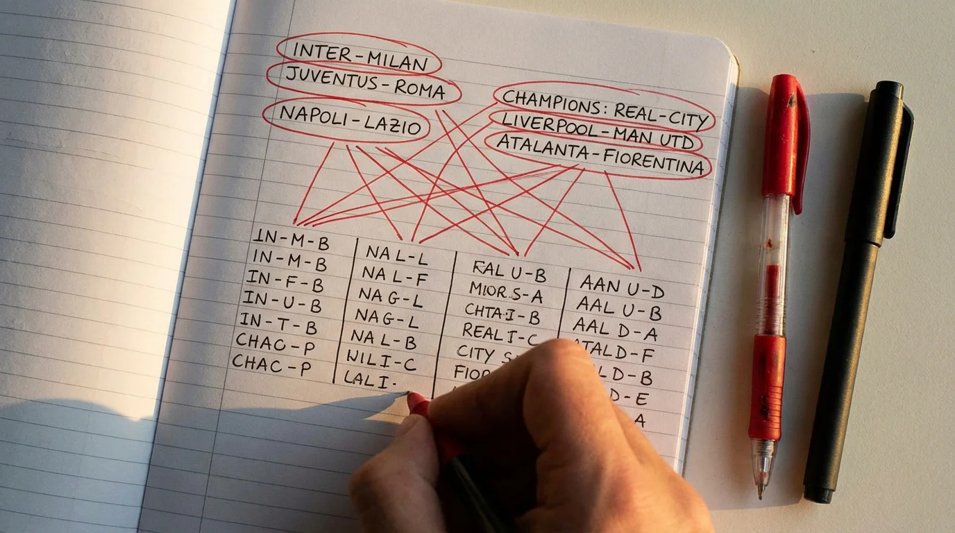 Mano che scrive combinazioni su un quaderno con sei eventi sportivi cerchiati in rosso