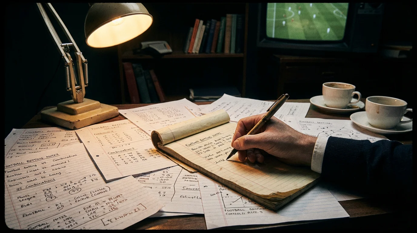 Scommettitore professionista che studia un sistema complesso con molti fogli e appunti sulla scrivania