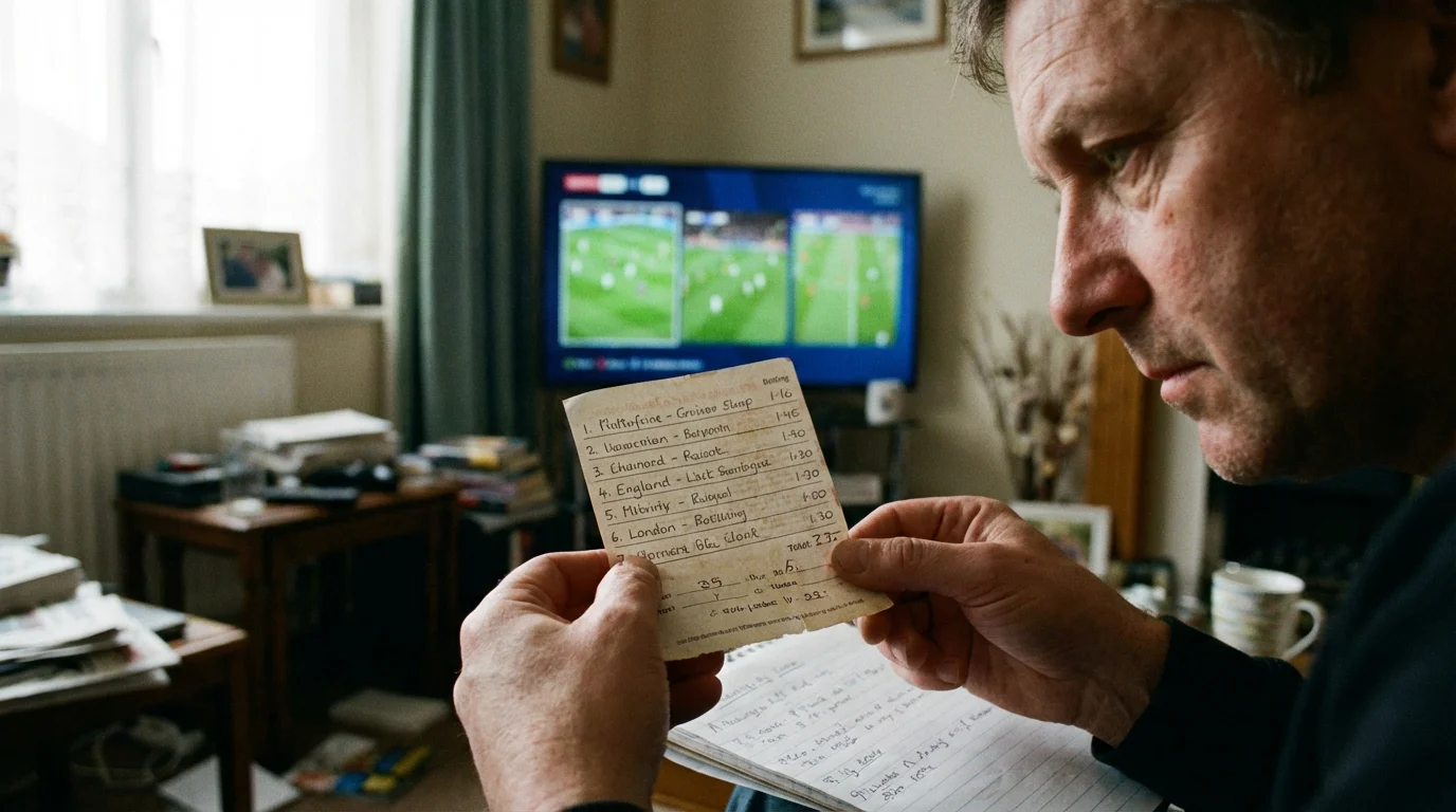 Scommettitore che analizza tre partite di calcio con appunti e schedina sul tavolo