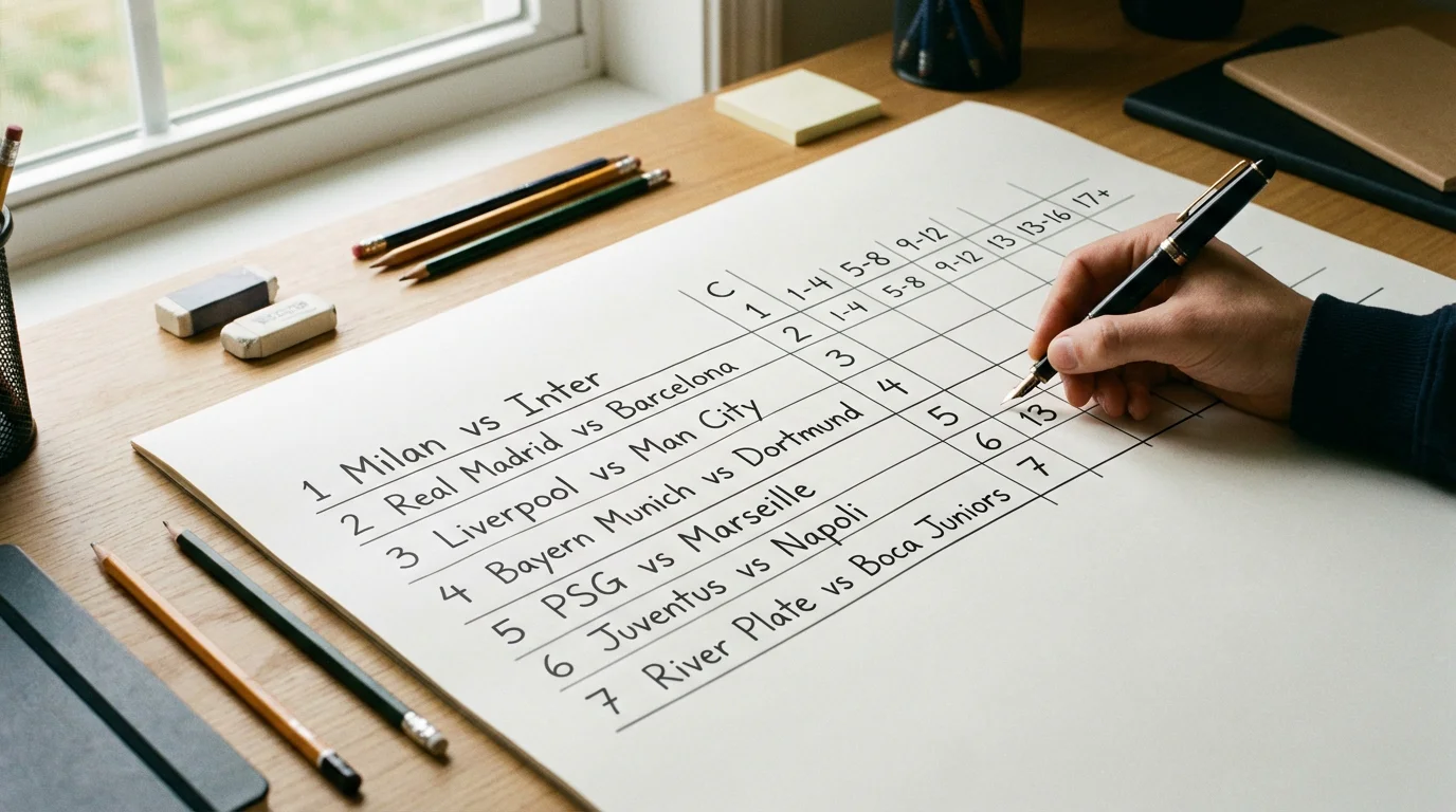 Tabella scritta a mano con sette eventi sportivi e le relative combinazioni numerate