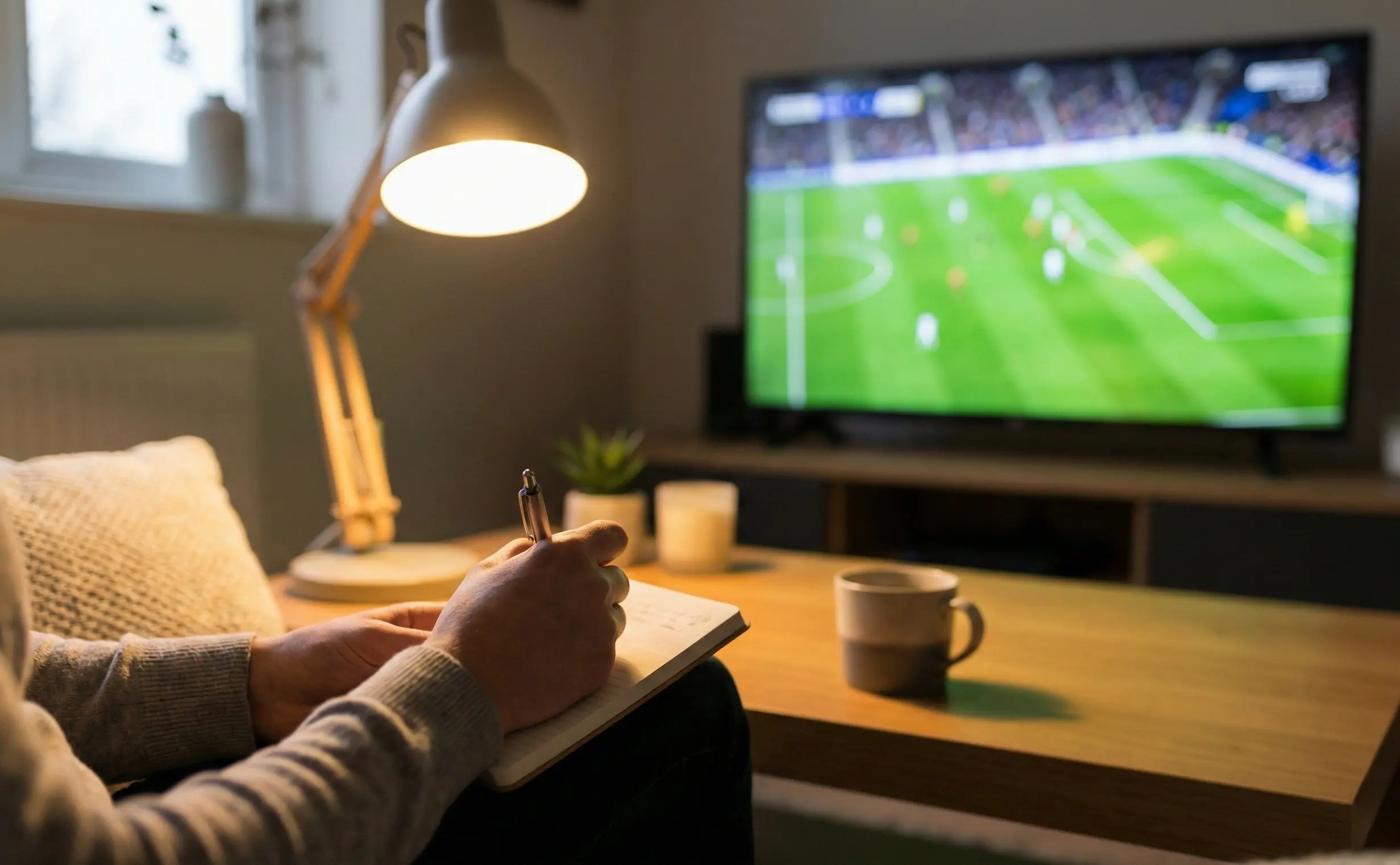 Persona prende appunti durante una partita di calcio in TV