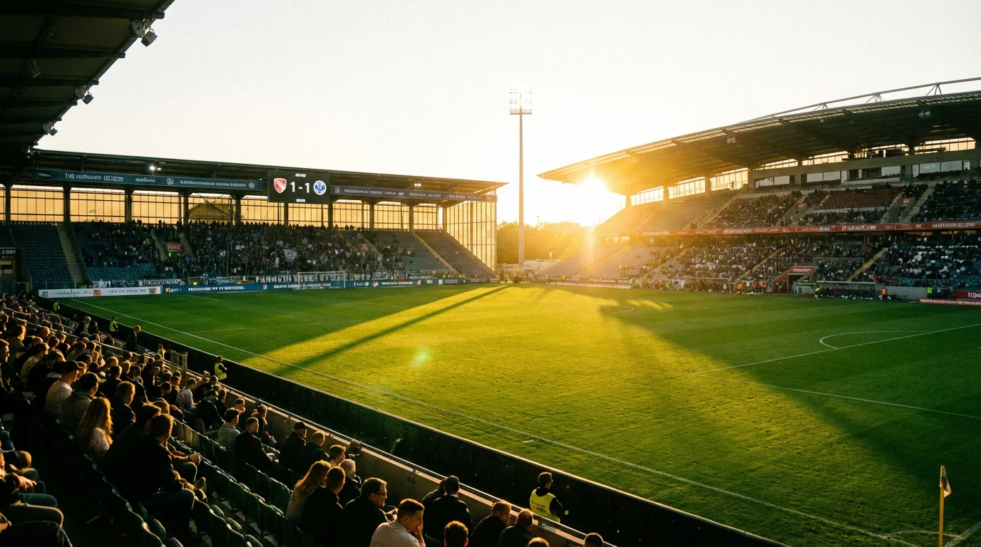 Tabellone di un campo da calcio con il risultato di pareggio evidenziato su uno stadio al tramonto