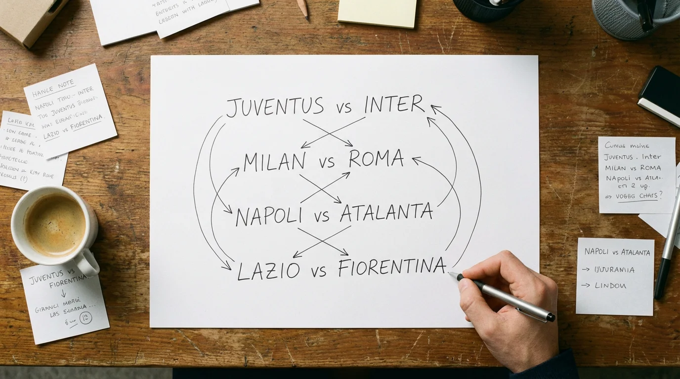 Quattro partite di calcio evidenziate su un foglio con combinazioni scritte a penna