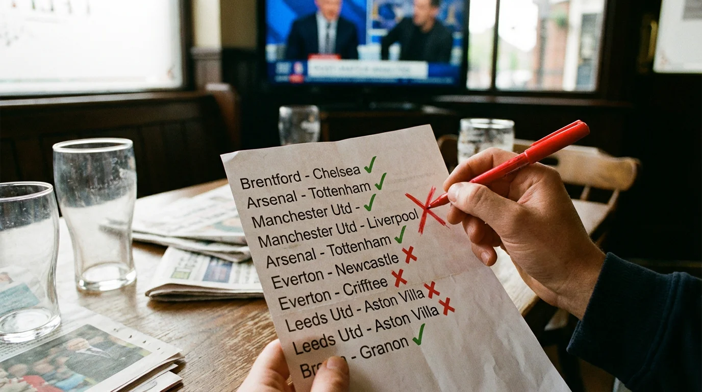 Scommettitore che rivede una schedina con segni di spunta e croci accanto ai pronostici