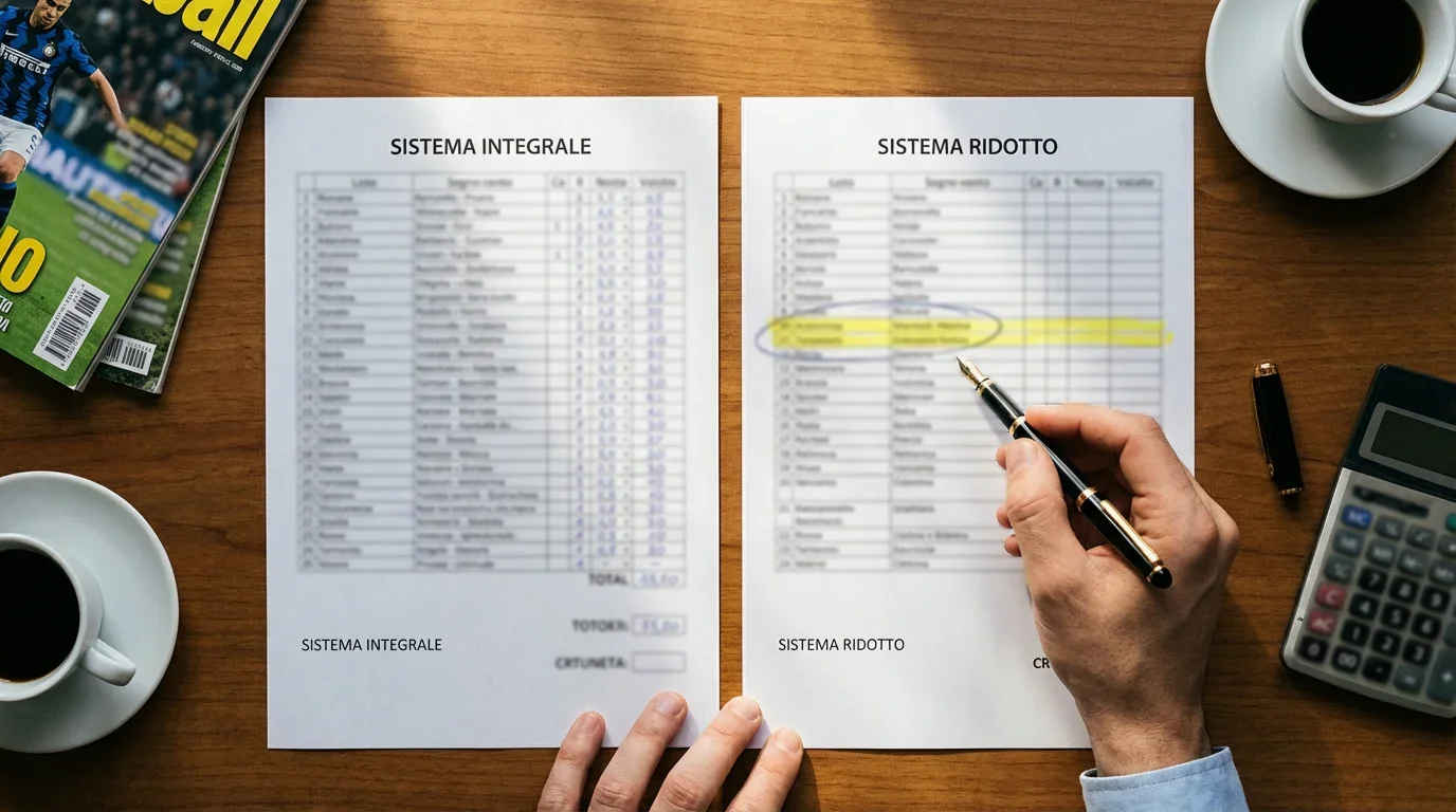 Due fogli affiancati con combinazioni di scommesse: uno completo e uno con righe selezionate