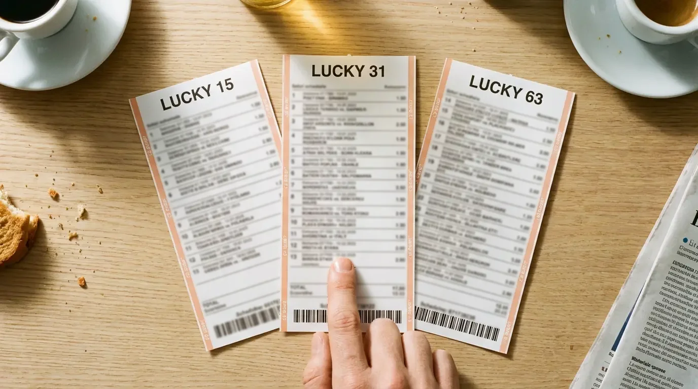 Tre schedine di scommesse affiancate su un tavolo con evidenziati i diversi livelli di combinazione