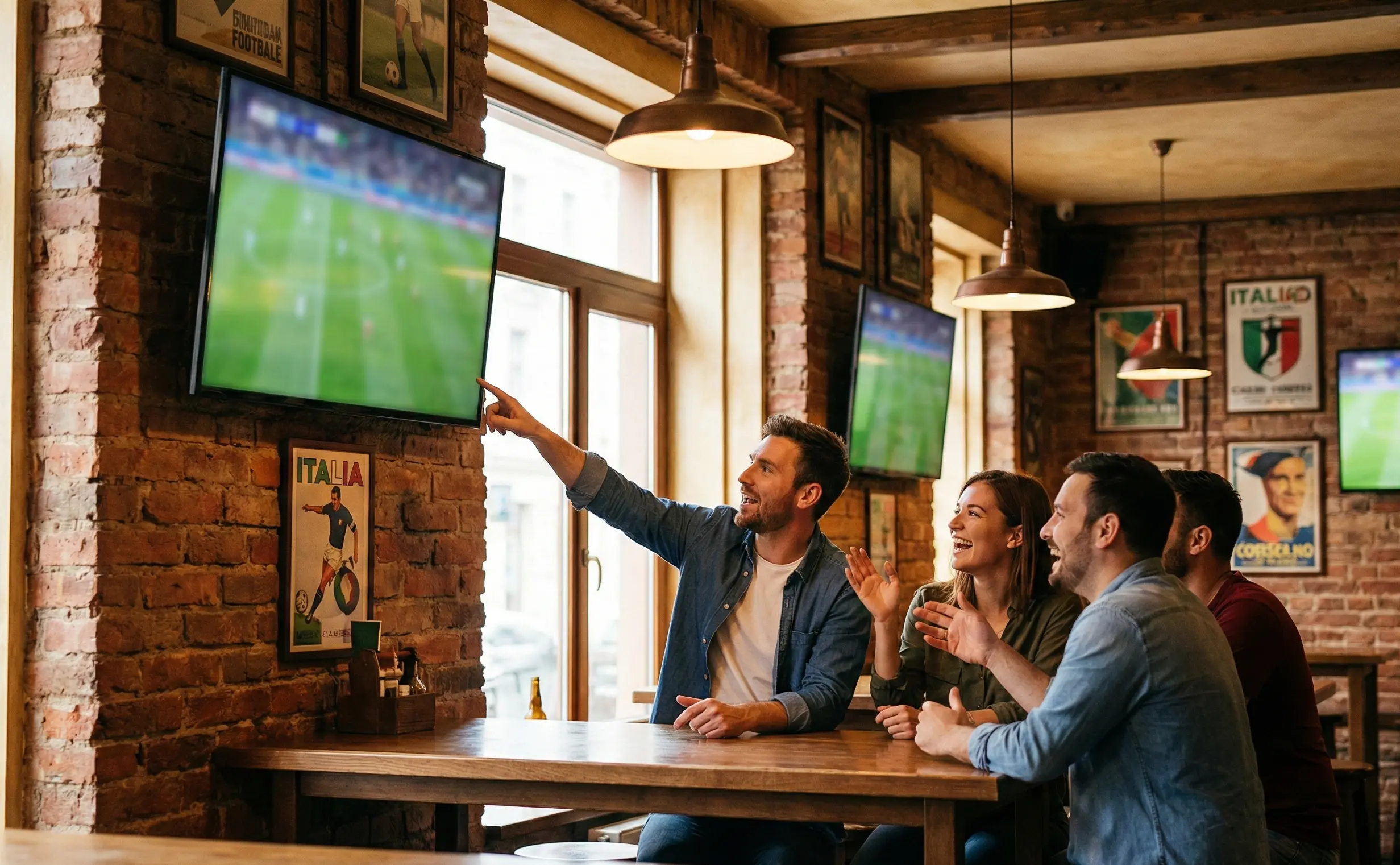 Gruppo di tifosi guarda partite multiple su schermi