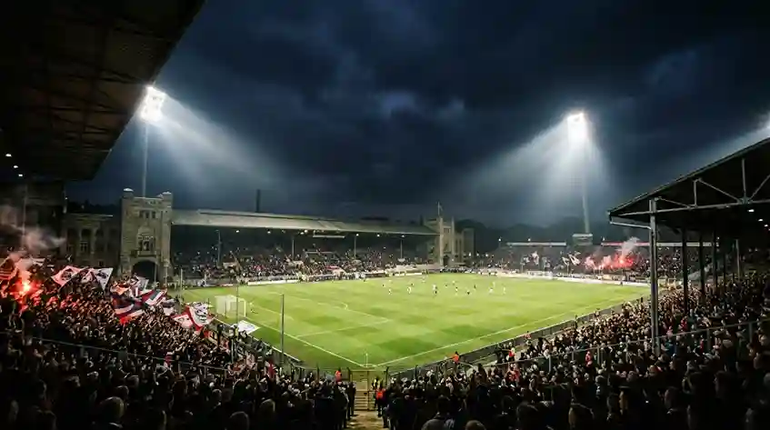 Stadio europeo illuminato di notte durante una partita di Champions League con pubblico sugli spalti