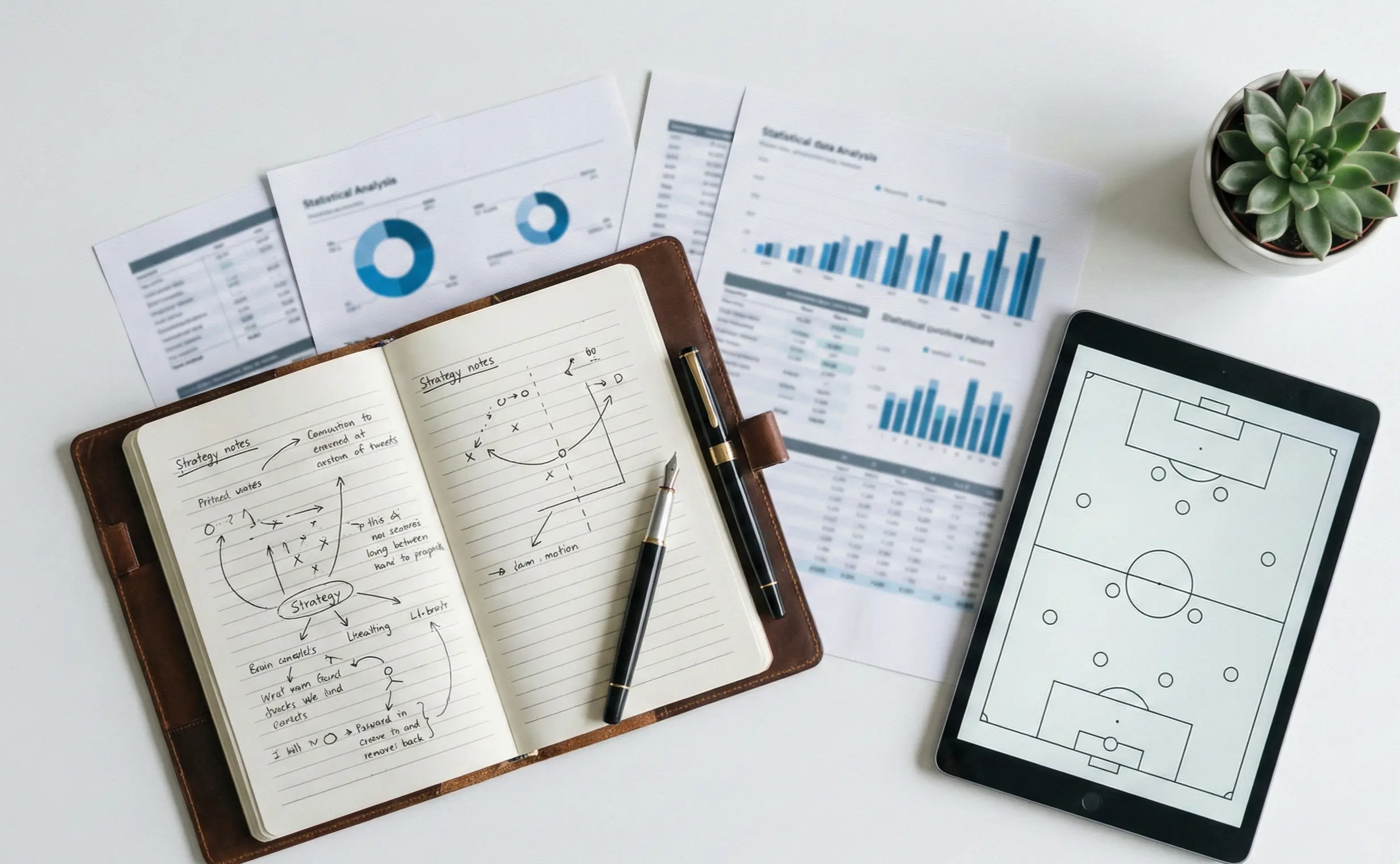 Scrivania organizzata con appunti e analisi sportive