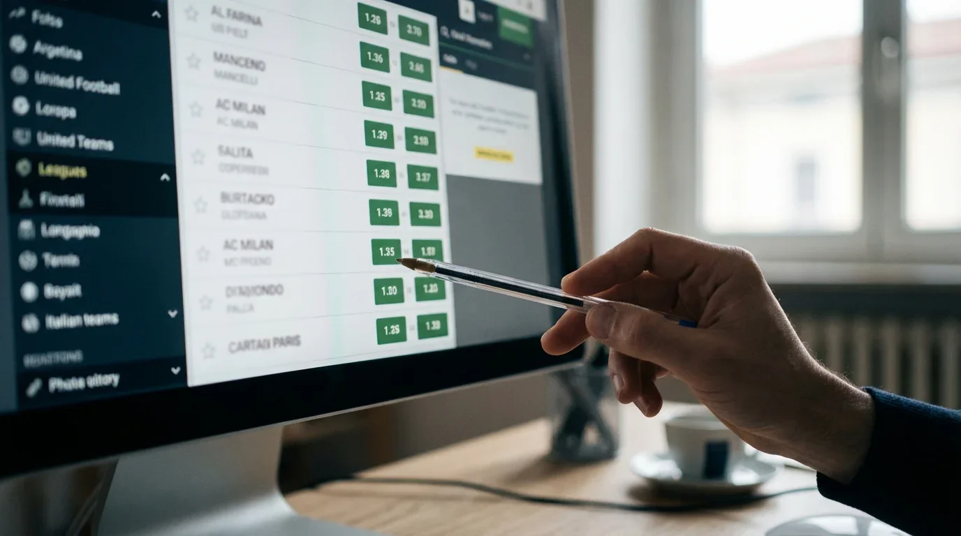 Primo piano di quote di scommesse su uno schermo con una penna che indica i valori più bassi