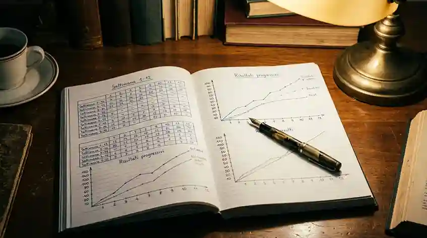 Quaderno aperto con tabelle di risultati e grafici disegnati a mano per il tracking delle scommesse
