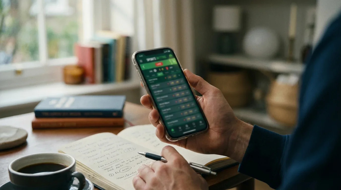 Mano che naviga su uno smartphone con una app di scommesse sportive per configurare un sistema